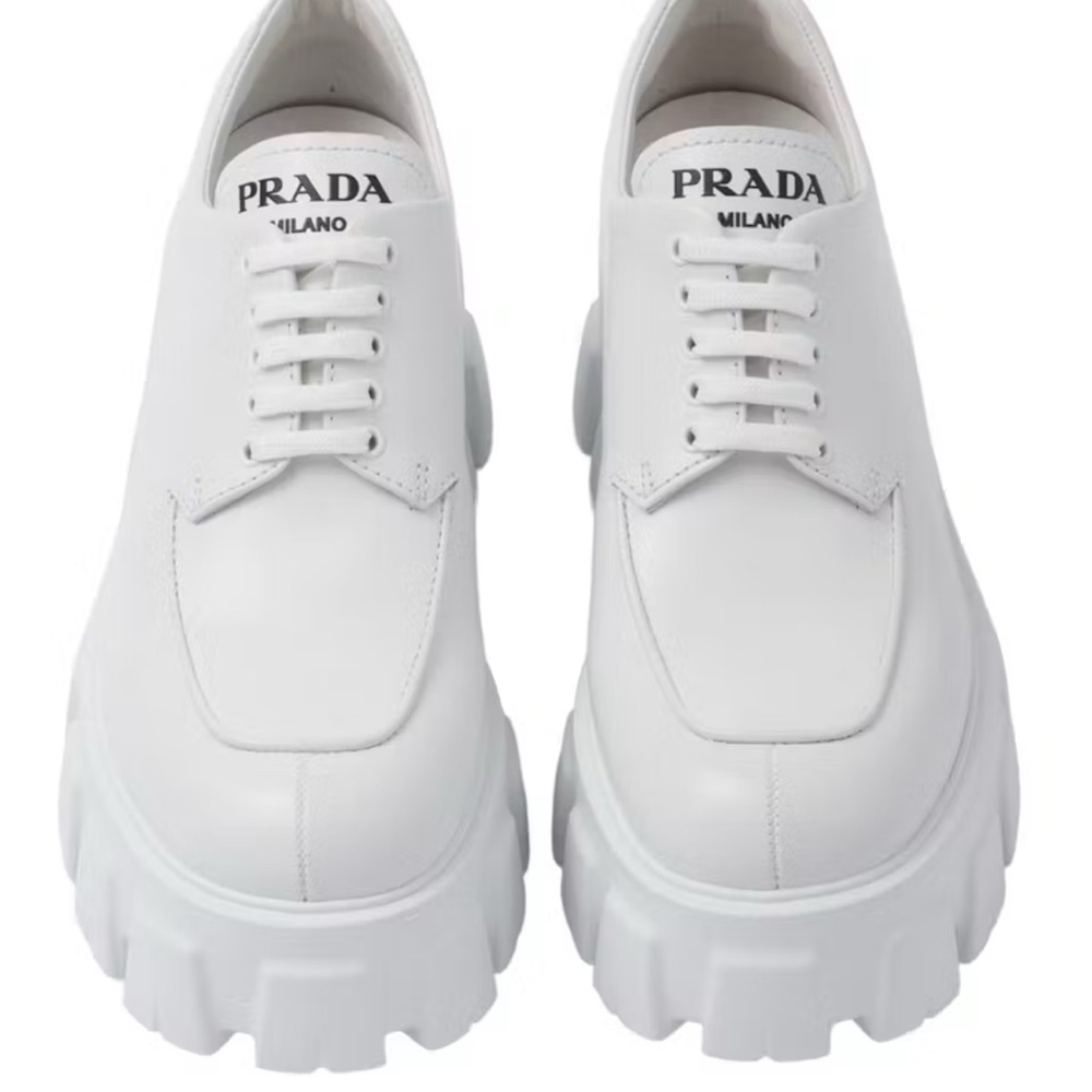 Prada Monolith Brushed White Leather Platform Loafer Lace Up Shoe SZ 39.5